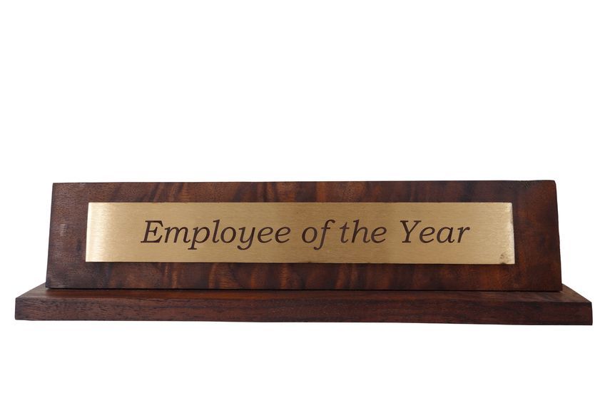 website roi - wooden name plate, isolated on white, with employee of the year text