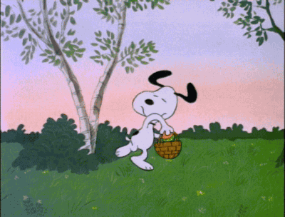 Snoopy as the Easter Beagle throwing Easter eggs