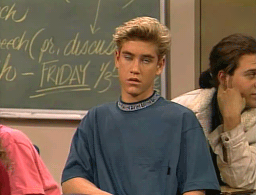 Zack from "Saved by the Bell" rolling his eyes.