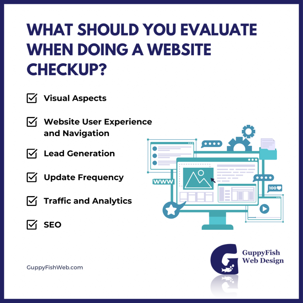 What Should You Evaluate When Doing A Website Checkup?
Visual Aspects
Website User Experience and Navigation
Lead Generation 
Update Frequency 
Traffic and Analytics
SEO