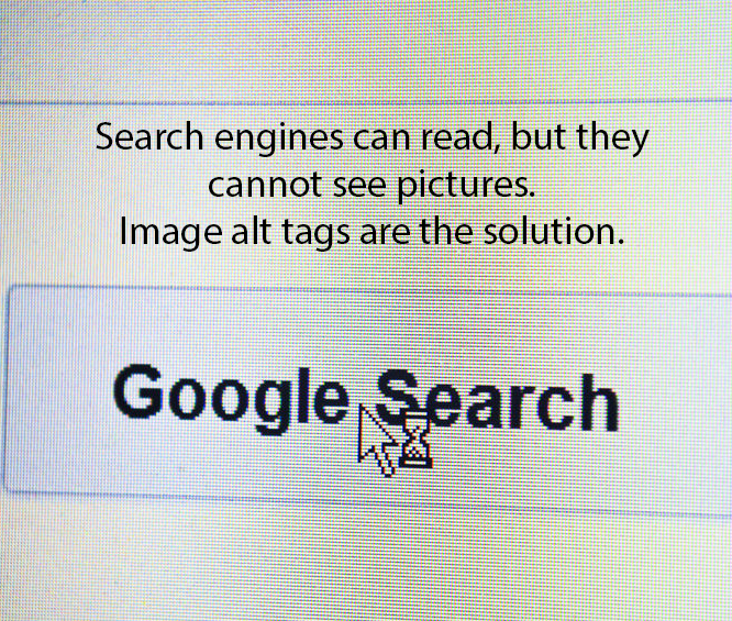 Close-up of a computer screen showing the words ‘Search engines can read, but they cannot see pictures. Image alt tags are the solution.’ above a Google Search button.