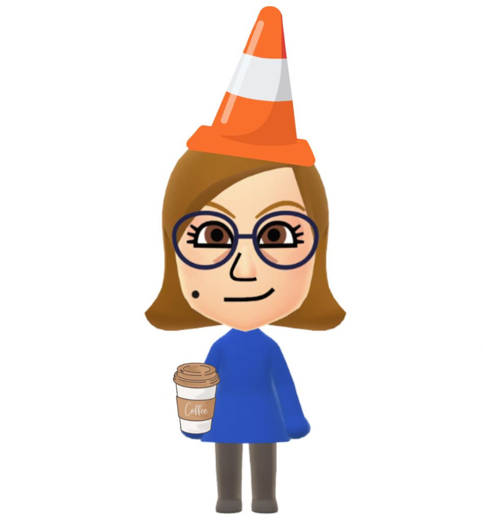 "Marge" - a Mii style character with a coffee cup in her hand - represents a bottleneck in nonprofit communication with a traffic cone on her head.