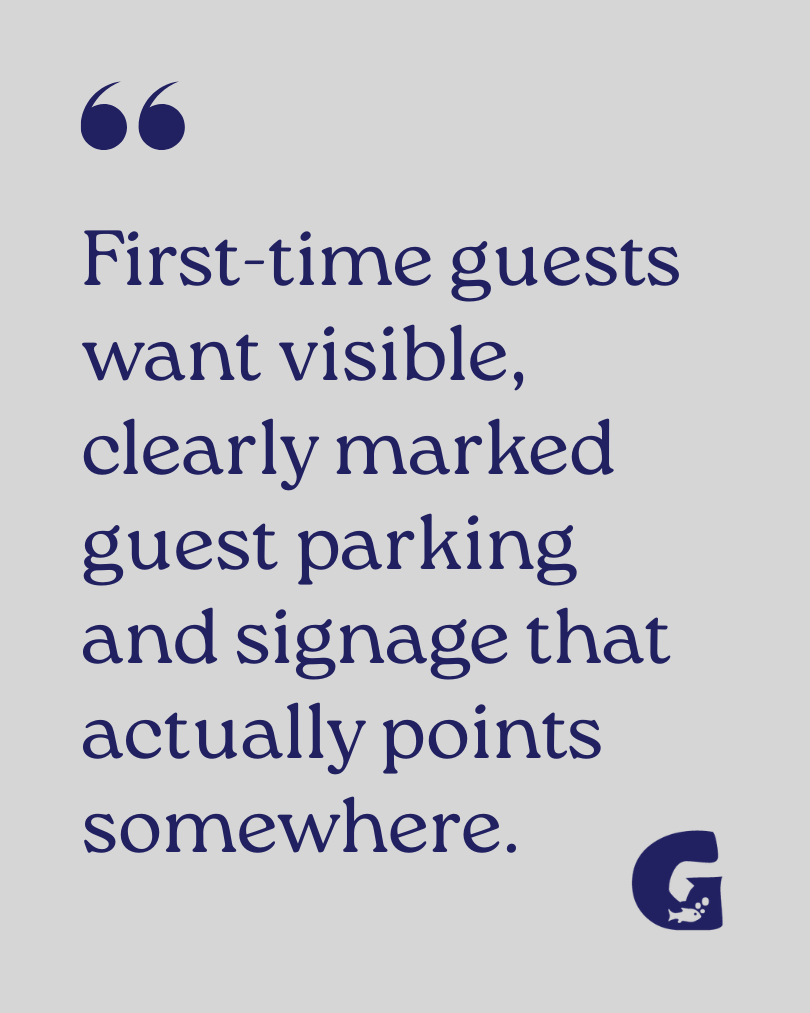 First-time guests want visible, clearly marked guest parking and signage that actually points somewhere.