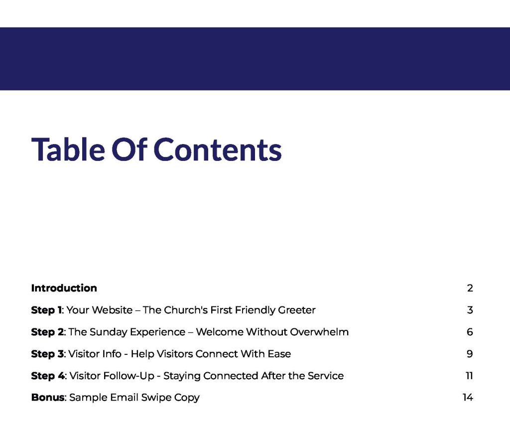 Church Visitor Welcome Plan - table of contents